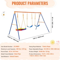 VEVOR Swing Sets for Backyard, 600lbs Load Capacity Swing Set, with 1 Saucer Swing Seat, 2 Belt Swing Seats, Heavy Duty A-Frame Metal Swing Stand and Adjustable Rope, Swingset Outdoor for Kids