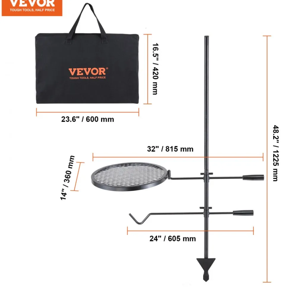 VEVOR Swivel Campfire Grill, Fire Pit Grill Grate over Fire Pits, Heavy Duty Steel Grill Grates, 360° Adjustable Open Fire Outdoor Cooking Equipment, Portable Camp Fire Racks for Camping Outdoor BBQ