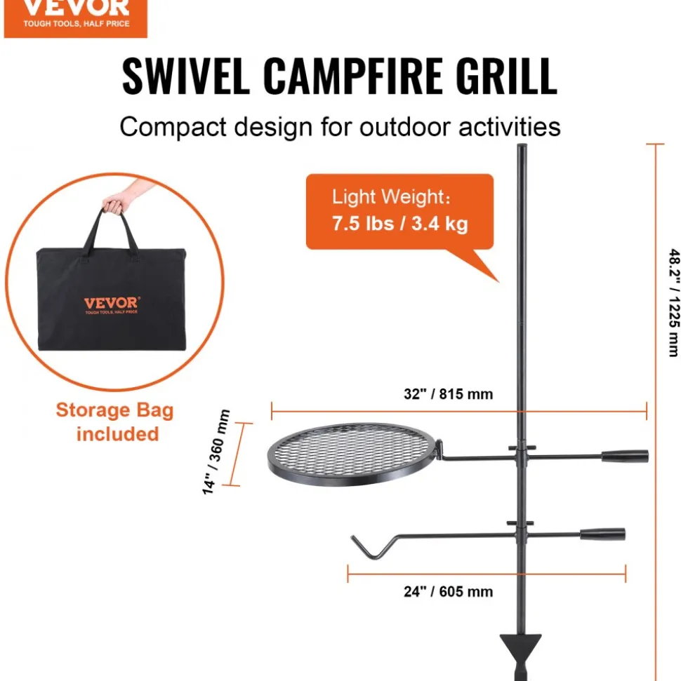 VEVOR Swivel Campfire Grill, Fire Pit Grill Grate over Fire Pits, Heavy Duty Steel Grill Grates, 360° Adjustable Open Fire Outdoor Cooking Equipment, Portable Camp Fire Racks for Camping Outdoor BBQ