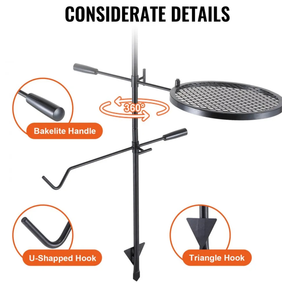 VEVOR Swivel Campfire Grill, Fire Pit Grill Grate over Fire Pits, Heavy Duty Steel Grill Grates, 360° Adjustable Open Fire Outdoor Cooking Equipment, Portable Camp Fire Racks for Camping Outdoor BBQ