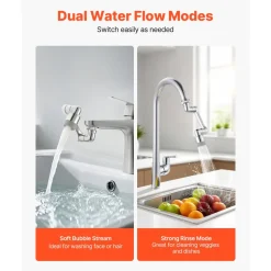 VEVOR 1080° Swivel Faucet Extender, 2 Sprayer Modes Sink Water Faucet Aerator Extension, Kitchen Bathroom Rotatable Spray Attachment with Brass Robotic Arm, Rotating Splash Filter Wash Hand/Hair/Face