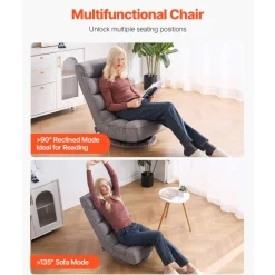 VEVOR Swivel Floor Gaming Chair, 360-Degree Rotating Floor Chair with 4 Adjustable Position Folding Backrest and Lumbar Support, Folding Video Reclining Sofa for Watching TV Reading Playing Game, Gray