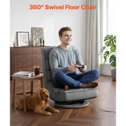 VEVOR Swivel Floor Gaming Chair, 360-Degree Rotating Floor Chair with 4 Adjustable Position Folding Backrest, Metal Frame with Recycled Foam and Linen Fabric, for Watching TV, Reading, Relaxing, Gray