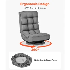 VEVOR Swivel Floor Gaming Chair, 360-Degree Rotating Floor Chair with 4 Adjustable Position Folding Backrest, Metal Frame with Recycled Foam and Linen Fabric, for Watching TV, Reading, Relaxing, Gray