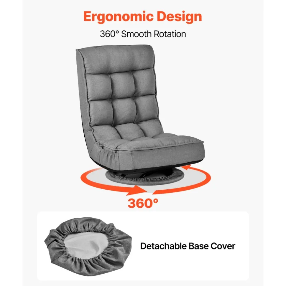 VEVOR Swivel Floor Gaming Chair, 360-Degree Rotating Floor Chair with 4 Adjustable Position Folding Backrest, Metal Frame with Recycled Foam and Linen Fabric, for Watching TV, Reading, Relaxing, Gray