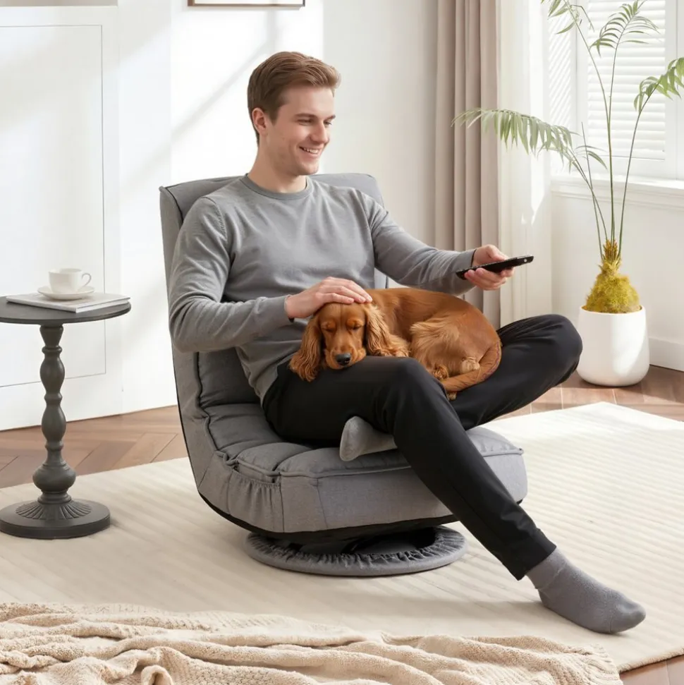 VEVOR Swivel Floor Gaming Chair, 360-Degree Rotating Floor Chair with 4 Adjustable Position Folding Backrest, Metal Frame with Recycled Foam and Linen Fabric, for Watching TV, Reading, Relaxing, Gray