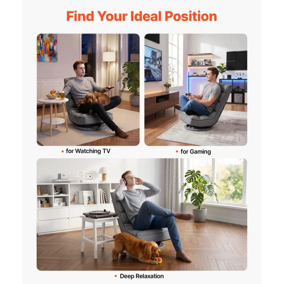 VEVOR Swivel Floor Gaming Chair, 360-Degree Rotating Floor Chair with 4 Adjustable Position Folding Backrest, Metal Frame with Recycled Foam and Linen Fabric, for Watching TV, Reading, Relaxing, Gray