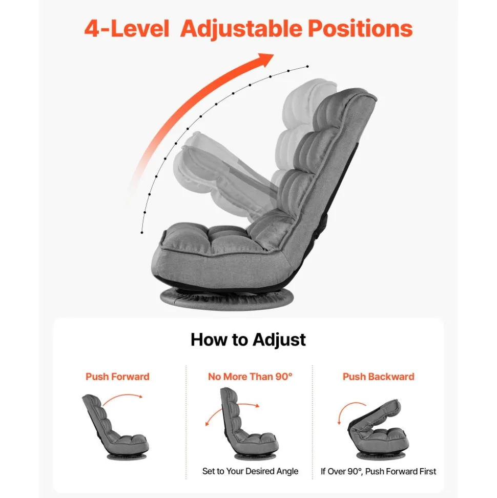 VEVOR Swivel Floor Gaming Chair, 360-Degree Rotating Floor Chair with 4 Adjustable Position Folding Backrest, Metal Frame with Recycled Foam and Linen Fabric, for Watching TV, Reading, Relaxing, Gray