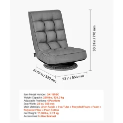 VEVOR Swivel Floor Gaming Chair, 360-Degree Rotating Floor Chair with 4 Adjustable Position Folding Backrest, Metal Frame with Recycled Foam and Linen Fabric, for Watching TV, Reading, Relaxing, Gray