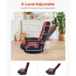 VEVOR Swivel Floor Gaming Chair with Armrests, 360-Degree Rotating Floor Chair with 6 Adjustable Position Folding Backrest and Lumbar Support, Folding Video Reclining Sofa for TV Reading, Red Black