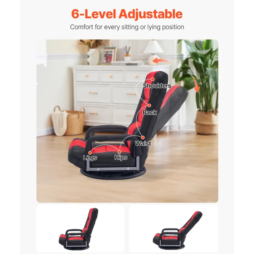 VEVOR Swivel Floor Gaming Chair with Armrests, 360-Degree Rotating Floor Chair with 6 Adjustable Position Folding Backrest and Lumbar Support, Folding Video Reclining Sofa for TV Reading, Red Black