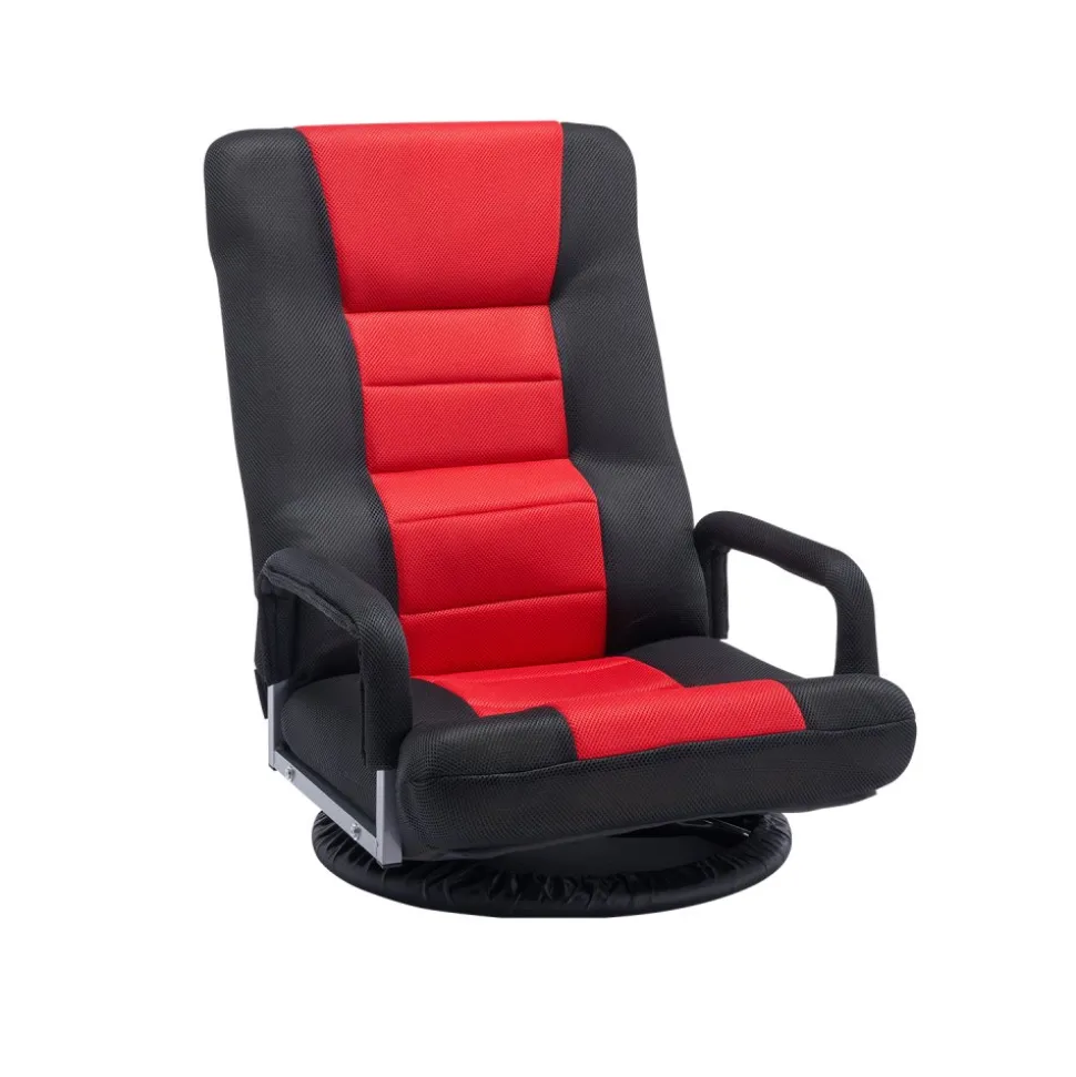 VEVOR Swivel Floor Gaming Chair with Armrests, 360-Degree Rotating Floor Chair with 6 Adjustable Position Folding Backrest and Lumbar Support, Folding Video Reclining Sofa for TV Reading, Red Black