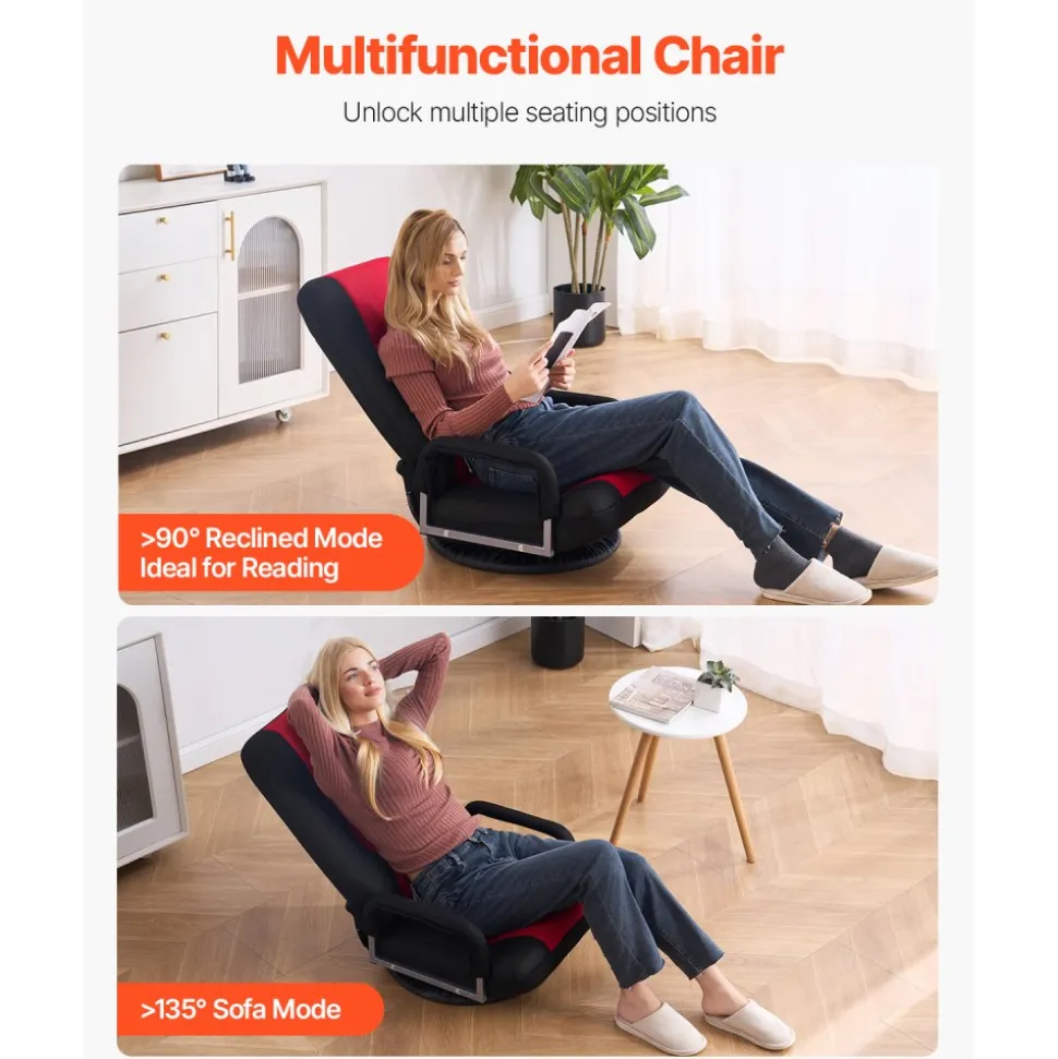 VEVOR Swivel Floor Gaming Chair with Armrests, 360-Degree Rotating Floor Chair with 6 Adjustable Position Folding Backrest and Lumbar Support, Folding Video Reclining Sofa for TV Reading, Red Black