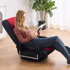 VEVOR Swivel Floor Gaming Chair with Armrests, 360-Degree Rotating Floor Chair with 6 Adjustable Position Folding Backrest and Lumbar Support, Folding Video Reclining Sofa for TV Reading, Red Black