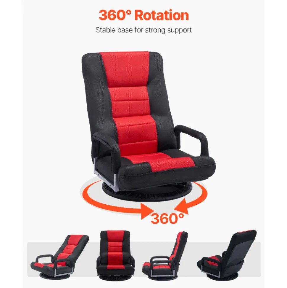 VEVOR Swivel Floor Gaming Chair with Armrests, 360-Degree Rotating Floor Chair with 6 Adjustable Position Folding Backrest and Lumbar Support, Folding Video Reclining Sofa for TV Reading, Red Black