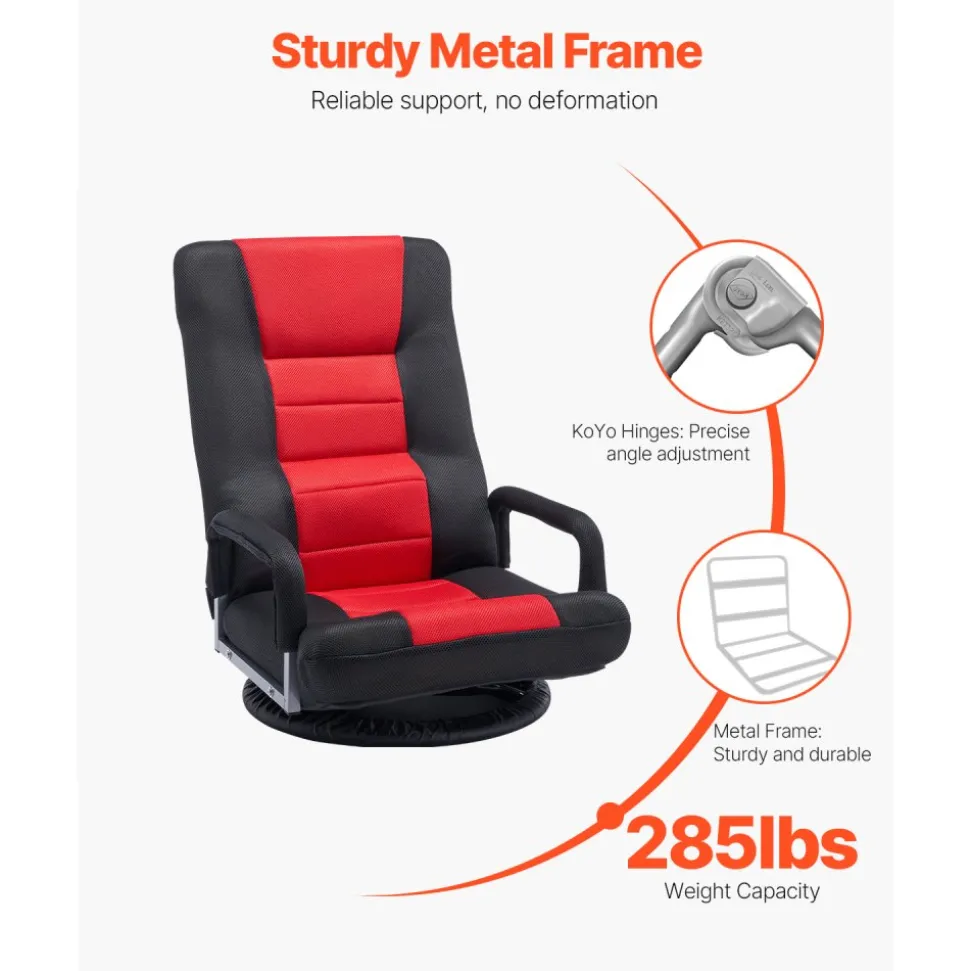 VEVOR Swivel Floor Gaming Chair with Armrests, 360-Degree Rotating Floor Chair with 6 Adjustable Position Folding Backrest and Lumbar Support, Folding Video Reclining Sofa for TV Reading, Red Black
