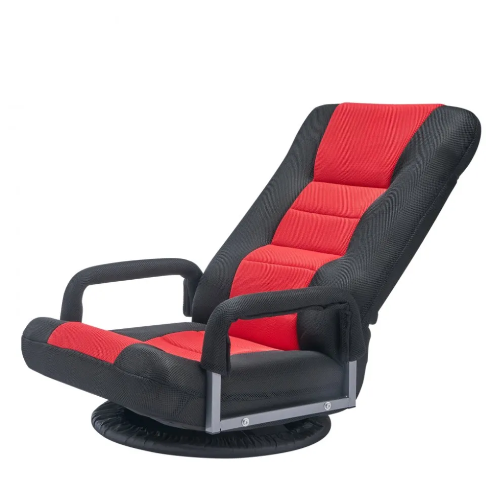 VEVOR Swivel Floor Gaming Chair with Armrests, 360-Degree Rotating Floor Chair with 6 Adjustable Position Folding Backrest and Lumbar Support, Folding Video Reclining Sofa for TV Reading, Red Black
