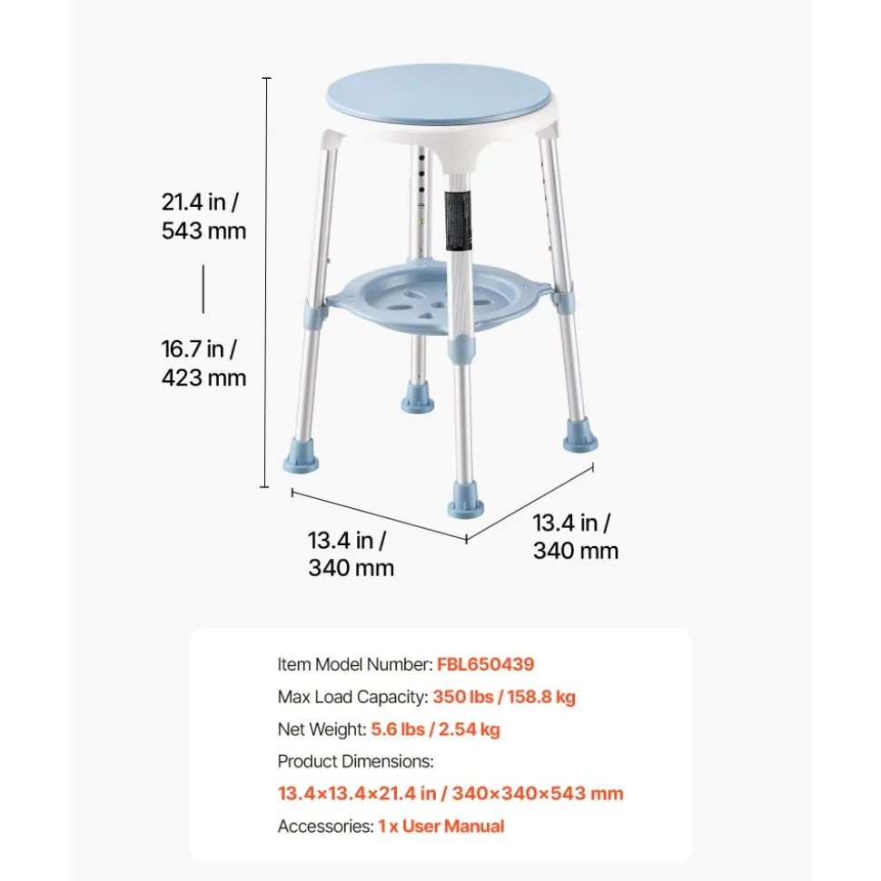 VEVOR Swivel Shower Chair 360 Degree, Height Adjustable Bath Seat for Inside Showers or Tubs, Non-Slip Rotating Bathtub Stool with Storage Tray for Elderly Disabled Injured, 350LBS Capacity