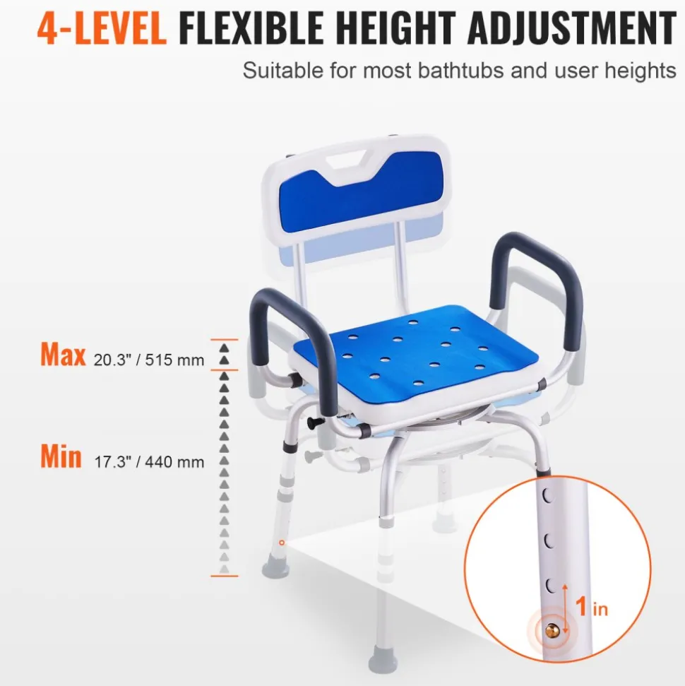 VEVOR Swivel Shower Chair 360 Degree, Adjustable Shower Seat with Pivoting Arms & Padded Bath Seat for Inside Shower or Tub, Non-Slip Rotating Bathtub Chair for Elderly Disabled, 300LBS Capacity