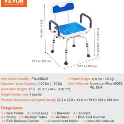 VEVOR Swivel Shower Chair 360 Degree, Adjustable Shower Seat with Pivoting Arms & Padded Bath Seat for Inside Shower or Tub, Non-Slip Rotating Bathtub Chair for Elderly Disabled, 300LBS Capacity