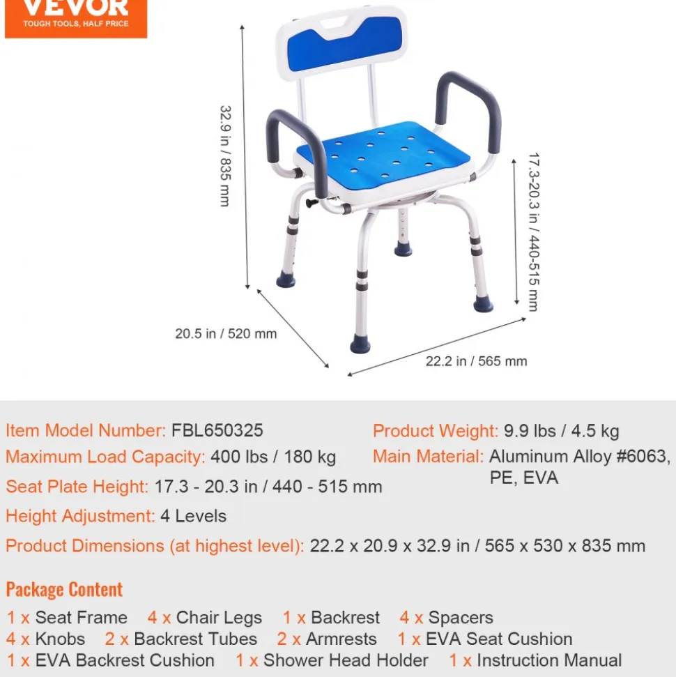 VEVOR Swivel Shower Chair 360 Degree, Adjustable Shower Seat with Pivoting Arms & Padded Bath Seat for Inside Shower or Tub, Non-Slip Rotating Bathtub Chair for Elderly Disabled, 300LBS Capacity