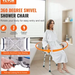 VEVOR Swivel Shower Chair 360 Degree, Adjustable Shower Seat with Pivoting Arms & Padded Bath Seat for Inside Shower or Tub, Non-Slip Rotating Bathtub Chair for Elderly Disabled, 300LBS Capacity