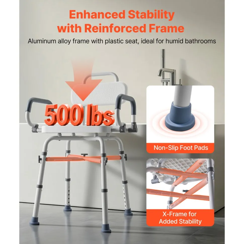 VEVOR Swivel Shower Chair with Arms and Back, 500 lbs Heavy Duty Bench Seat for Inside Shower Stall and Bathtub, Height Adjustable Bathroom Bath Tub Seat for Adults, Seniors, Elderly and Disabled