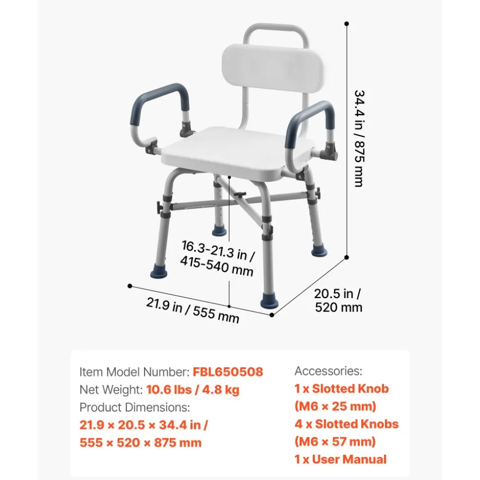 VEVOR Swivel Shower Chair with Arms and Back, 500 lbs Heavy Duty Bench Seat for Inside Shower Stall and Bathtub, Height Adjustable Bathroom Bath Tub Seat for Adults, Seniors, Elderly and Disabled