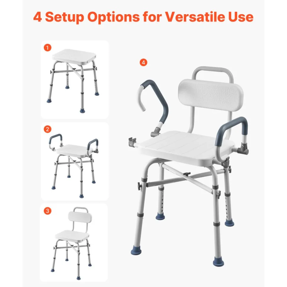 VEVOR Swivel Shower Chair with Arms and Back, 500 lbs Heavy Duty Bench Seat for Inside Shower Stall and Bathtub, Height Adjustable Bathroom Bath Tub Seat for Adults, Seniors, Elderly and Disabled