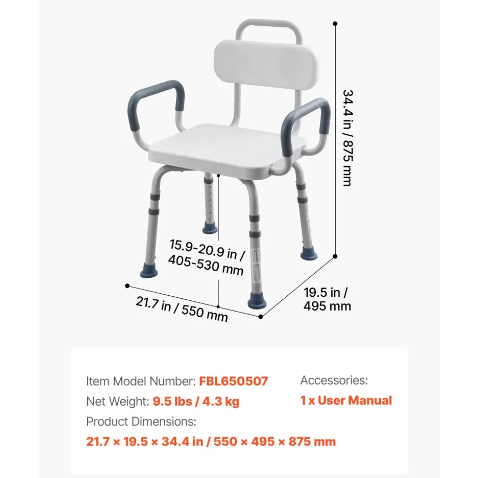 VEVOR Swivel Shower Chair with Arms and Back, 400 lbs Heavy Duty Bench Seat for Inside Shower Stall and Bathtub, Height Adjustable Bathroom Bath Tub Seat for Adults, Seniors, Elderly and Disabled