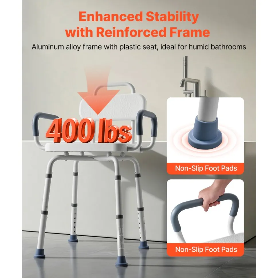 VEVOR Swivel Shower Chair with Arms and Back, 400 lbs Heavy Duty Bench Seat for Inside Shower Stall and Bathtub, Height Adjustable Bathroom Bath Tub Seat for Adults, Seniors, Elderly and Disabled