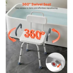 VEVOR Swivel Shower Chair with Arms and Back, 400 lbs Heavy Duty Bench Seat for Inside Shower Stall and Bathtub, Height Adjustable Bathroom Bath Tub Seat for Adults, Seniors, Elderly and Disabled