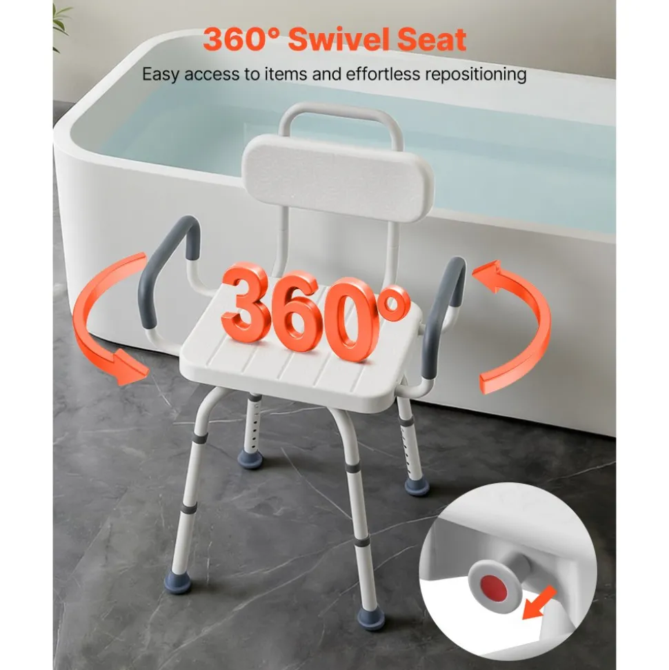 VEVOR Swivel Shower Chair with Arms and Back, 400 lbs Heavy Duty Bench Seat for Inside Shower Stall and Bathtub, Height Adjustable Bathroom Bath Tub Seat for Adults, Seniors, Elderly and Disabled