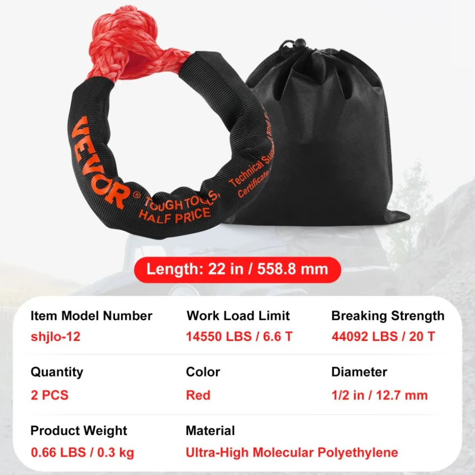 VEVOR Synthetic Soft Shackle, 1/2" x 22" (2 Pack) 44092 lbs (20 Ton) Breaking Strength Recovery Tow Shackles with Extra 2 Sleeves & Storage Bag for UTV, ATV, Trucks, Jeep, Off-Road Vehicles, Red