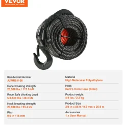 VEVOR Synthetic Winch Rope, 3/8 Inch x 85 Feet 26,500 lbs Synthetic Winch Line Cable Rope with Protective Sleeve + Forged Winch Hook + Pull Strap, Universal Fit for SUV, Large Off-Road Vehicle, Truck