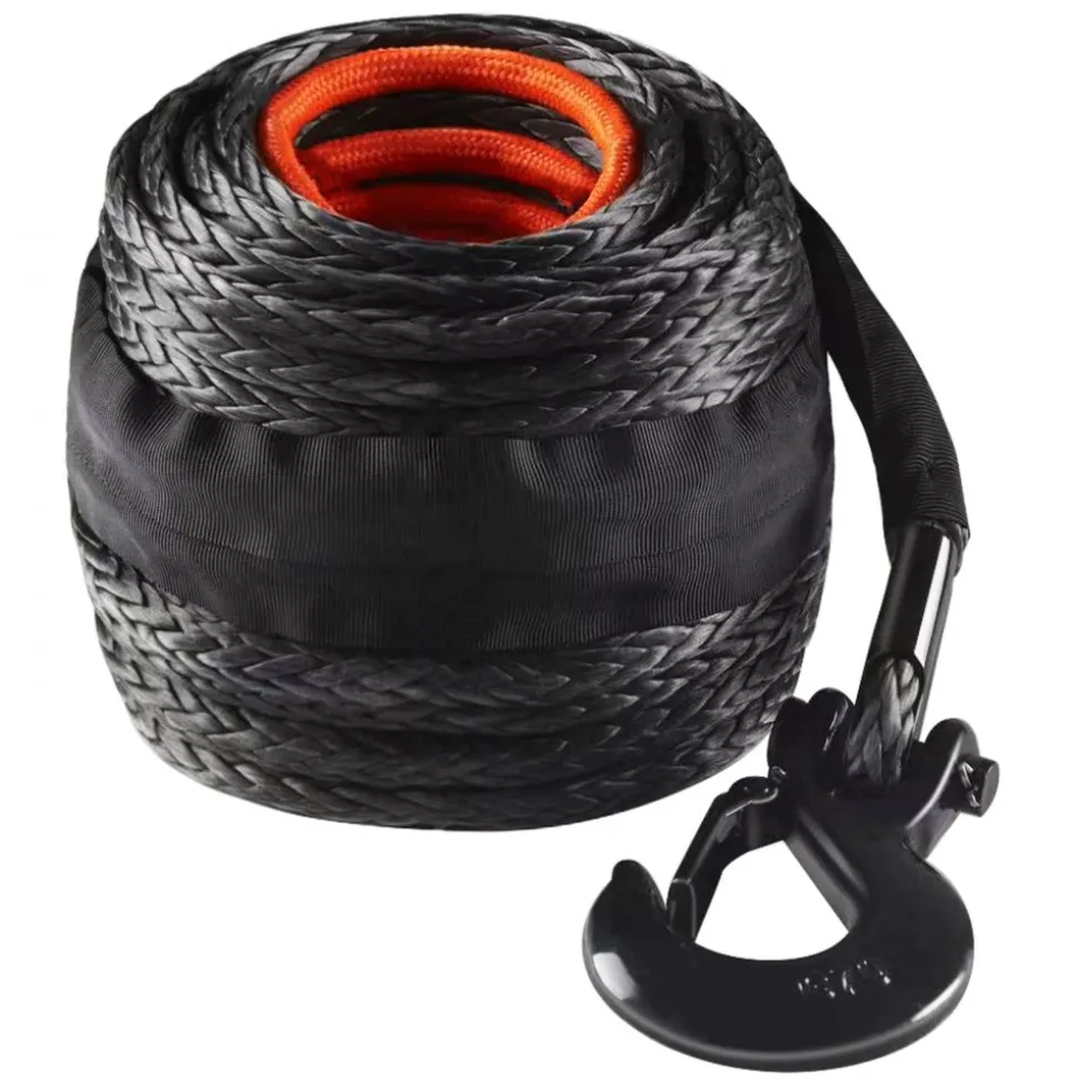 VEVOR Synthetic Winch Rope, 3/8 Inch x 85 Feet 26,500 lbs Synthetic Winch Line Cable Rope with Protective Sleeve + Forged Winch Hook + Pull Strap, Universal Fit for SUV, Large Off-Road Vehicle, Truck