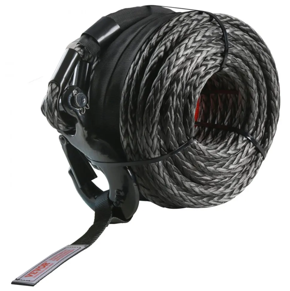 VEVOR Synthetic Winch Rope, 3/8 Inch x 85 Feet 26,500 lbs Synthetic Winch Line Cable Rope with Protective Sleeve + Forged Winch Hook + Pull Strap, Universal Fit for SUV, Large Off-Road Vehicle, Truck