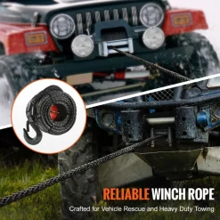 VEVOR Synthetic Winch Rope, 3/8 Inch x 85 Feet 26,500 lbs Synthetic Winch Line Cable Rope with Protective Sleeve + Forged Winch Hook + Pull Strap, Universal Fit for SUV, Large Off-Road Vehicle, Truck