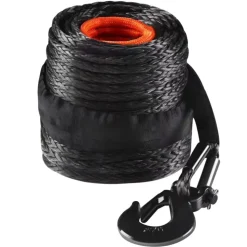 VEVOR Synthetic Winch Rope, 3/8 Inch x 85 Feet 26,500 lbs Synthetic Winch Line Cable Rope with Protective Sleeve + Forged Winch Hook + Pull Strap, Universal Fit for SUV, Large Off-Road Vehicle, Truck