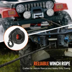 VEVOR Synthetic Winch Rope, 1/4 Inch x 50 Feet 10,000 lbs Synthetic Winch Line Cable Rope with Protective Sleeve + Stopper + Forged Winch Hook + Pull Strap, Fit for ATV, UTV, Small Vehicle, Pickup