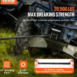 VEVOR Synthetic Winch Rope, 3/8 Inch x 100 Feet 26,500 lbs Synthetic Winch Line Cable Rope with Protective Sleeve + Forged Winch Hook + Pull Strap, Universal Fit for SUV, Large Off-Road Vehicle, Truck