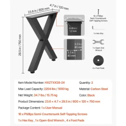 VEVOR Table Legs, 29.5" H x 23.6" W Steel Furniture Legs, Modular Design, Easy Assembly, 2204 lbs Max Load Heavy Duty, for Home Office Desk, Coffee Dinner Bar Tables, Workbench,2 PCS, X Frame, Black