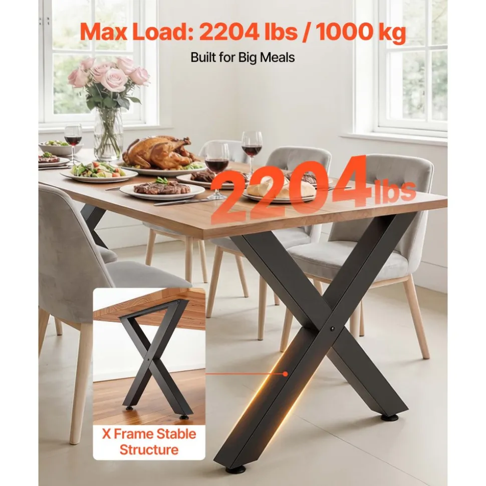 VEVOR Table Legs, 29.5" H x 31.1" W Steel Furniture Legs, Modular Design, Easy Assembly, 2204 lbs Max Load Heavy Duty, for Home Office Desk, Coffee Dinner Bar Tables, Workbench,2 PCS, X Frame, Black