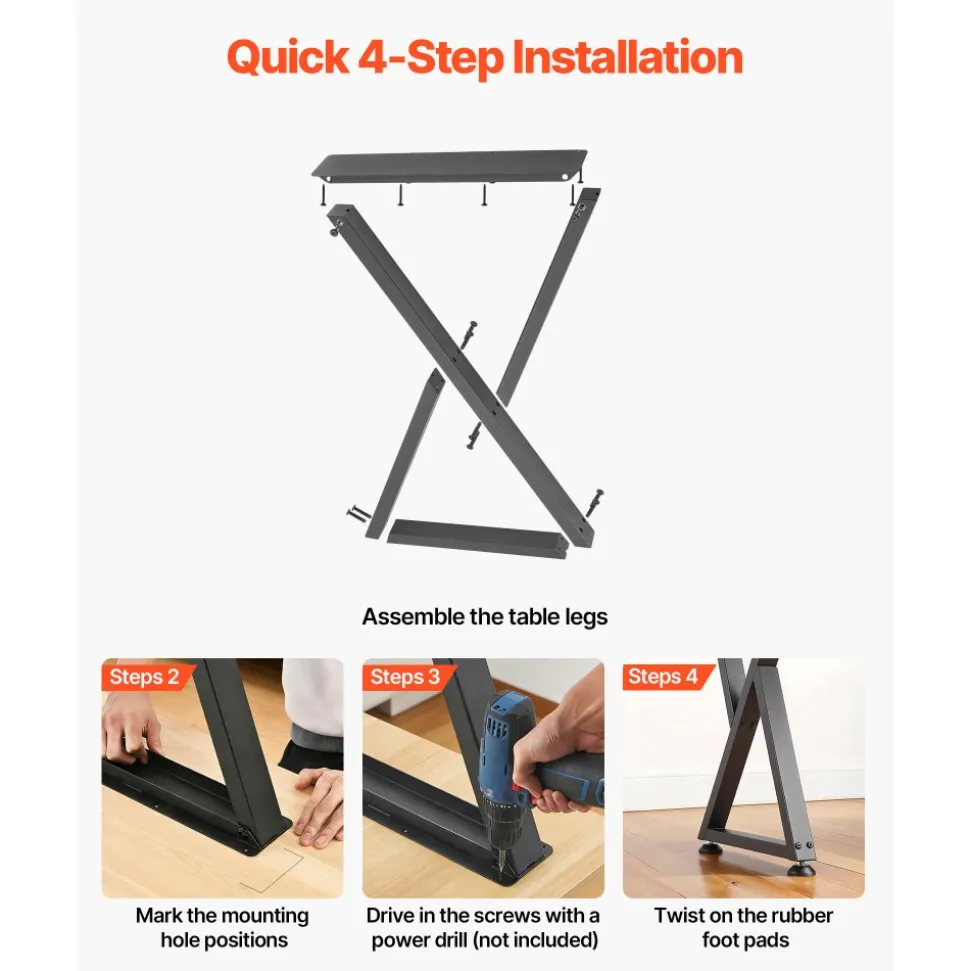 VEVOR Table Legs, 29.1" H x 24" W Steel Furniture Legs, 2204 lbs Max Load Heavy Duty, Easy Installation, Sturdy & Stable for Home Office Desk DIY, Coffee Dinner Bar Tables, Workbench,Set of 2, Black