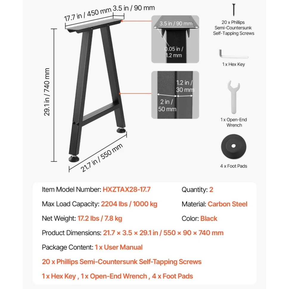 VEVOR Table Legs, 29.1" H x 21.7" W Trapezoid Steel Furniture Legs, Modular Design, Easy Assembly, 2204 lbs Max Load Heavy Duty, Ideal for Home Office Desk, Coffee Dinner Bar Tables,Set of 2, Black