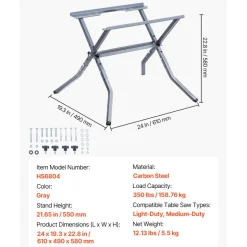 VEVOR Table Saw Folding Stand, 350 lbs / 158.76 kg Load Capacity, Portable Compact Table Saw Stand, Heavy Duty Construction, Easy Storage, Foldable Design, Universal for Most Brands of Table Saws