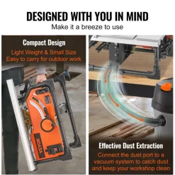VEVOR Table Saw for Jobsite, 10-inch 15-Amp, 25-in Max Rip Capacity, Cutting Speed up to 4500RPM, 40T Blade, Portable Compact Tablesaw with Sliding Miter Gauge for DIY Woodworking and Furniture Making