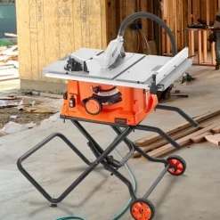 VEVOR Table Saw with Stand, 10-inch 15-Amp, Max Rip 25-in, Speed to 5000RPM, 40T Blade, Compact Portable Jobsite Saw with Sliding Miter for Wood & Furniture Crafting