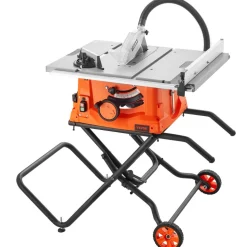 VEVOR Table Saw with Stand, 10-inch 15-Amp, Max Rip 25-in, Speed to 5000RPM, 40T Blade, Compact Portable Jobsite Saw with Sliding Miter for Wood & Furniture Crafting