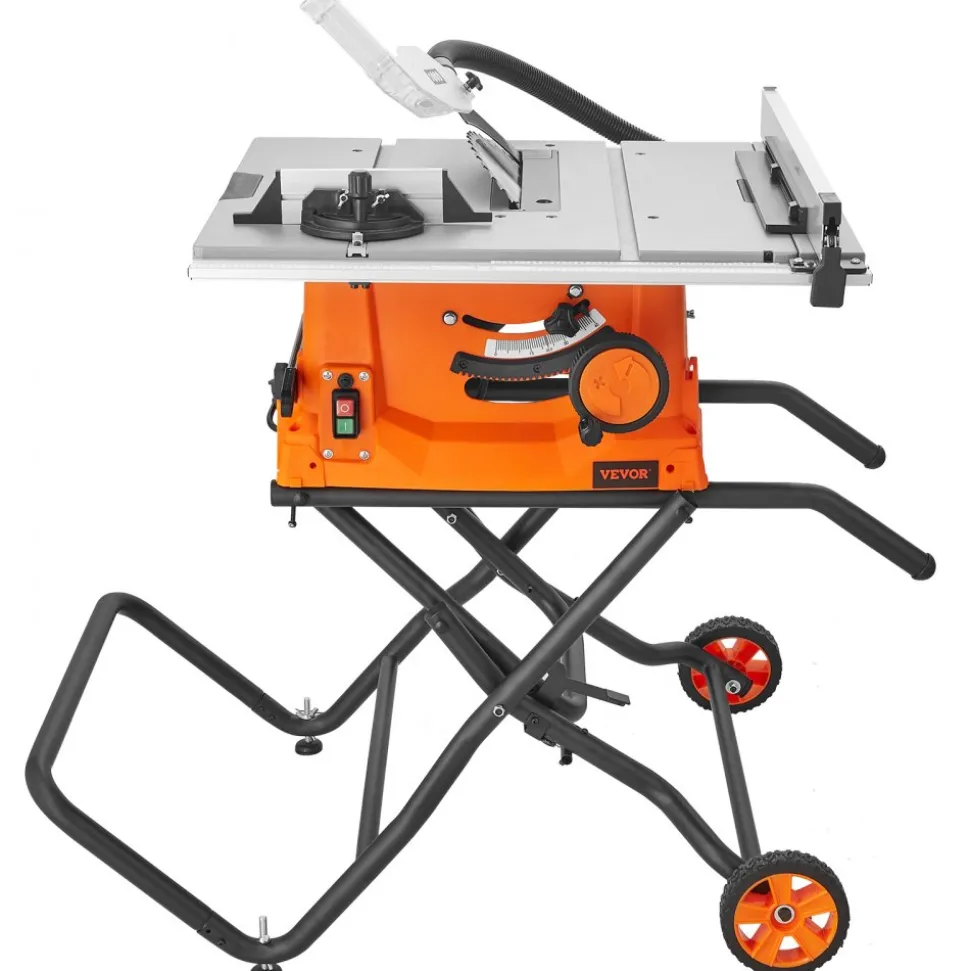 VEVOR Table Saw with Stand, 10-inch 15-Amp, Max Rip 25-in, Speed to 5000RPM, 40T Blade, Compact Portable Jobsite Saw with Sliding Miter for Wood & Furniture Crafting